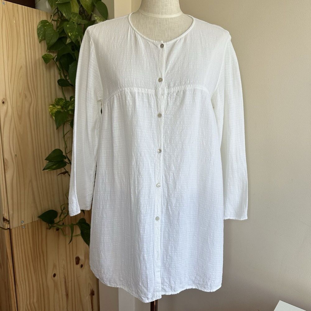 Eileen Fisher Tunic Shirt Top Womens Medium Italian Linen‎ Blend Lagenlook White